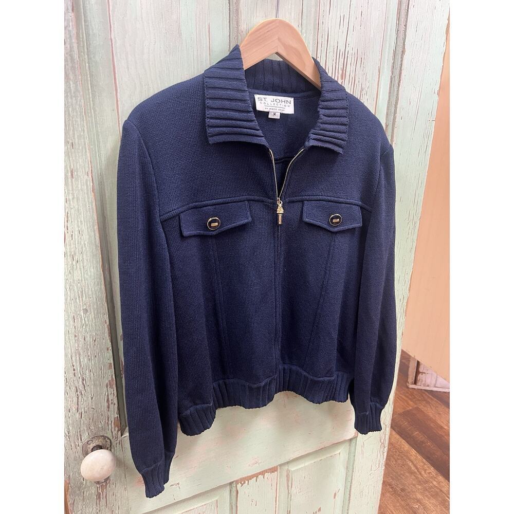 St John Wool Blue Santana Knit Zip Front Jacket Cardigan Size M Worn once - Picture 3 of 8